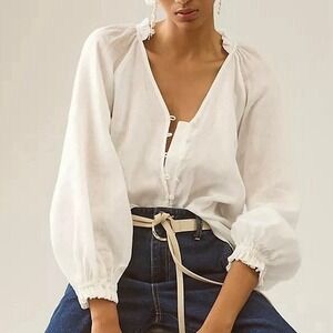 Anthropologie Maeve The Audie Linen Puff Sleeve Blouse